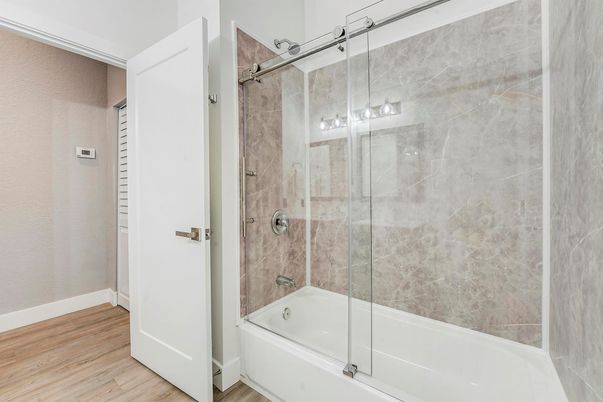 Bathroom, Glass Shower, Interior, Wood Texture Flooring