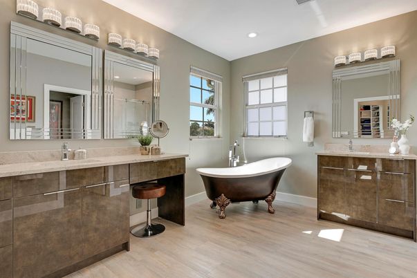 Bathroom, Dual Sink Vanities, Free Standing Baths, Interior, Recessed Lighting, Wood Texture Flooring