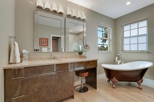 Bathroom, Dual Sink Vanities, Free Standing Baths, Interior, Recessed Lighting, Wood Texture Flooring