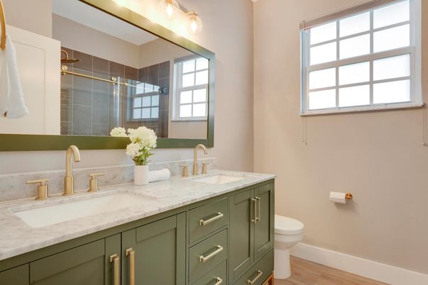 Bathroom, Dual Sink Vanities, Glass Shower, Interior, Wood Texture Flooring