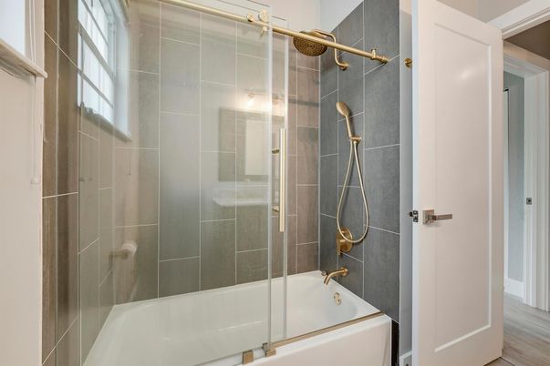 Bathroom, Glass Shower, Interior, Wood Texture Flooring