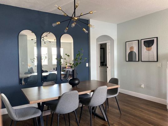 Dining room, Interior, Pendant Lights, Wood Texture Flooring