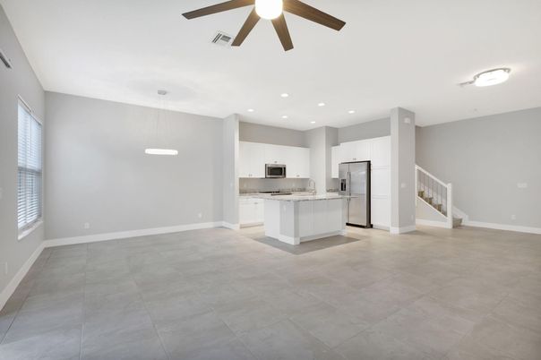 Empty room, Interior, Kitchen, Pendant Lights, Recessed Lighting, Stainless Steel Appliances