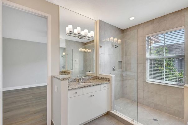 Bathroom, Glass Shower, Interior, Recessed Lighting, Wood Texture Flooring