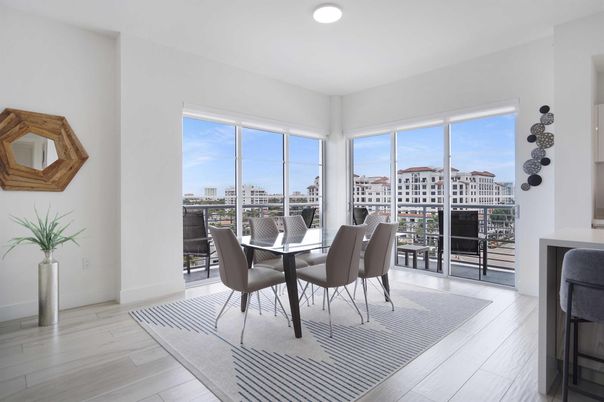 Dining room, Interior, Recessed Lighting, Wood Texture Flooring