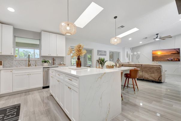 Interior, Kitchen, Living room, Pendant Lights, Recessed Lighting, Wood Texture Flooring