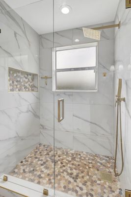 Bathroom, Glass Shower, Interior, Marble Walls, Recessed Lighting