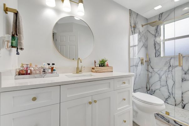 Bathroom, Dual Sink Vanities, Interior, Marble, Marble Walls, Recessed Lighting