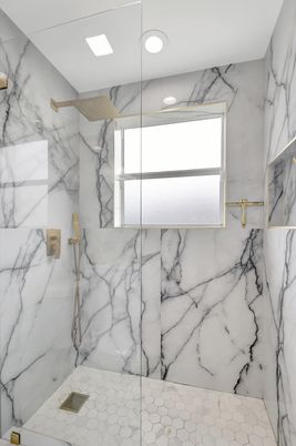 Bathroom, Glass Shower, Interior, Marble Walls, Recessed Lighting