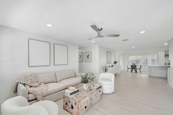 Dining room, Interior, Kitchen, Living room, Recessed Lighting, Wood Texture Flooring