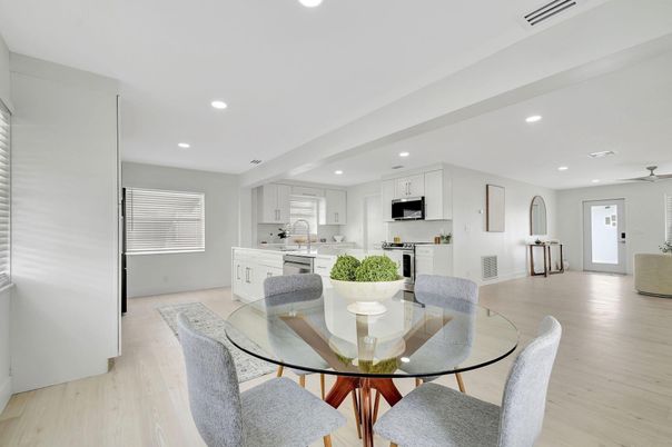 Dining room, Interior, Kitchen, Recessed Lighting, Wood Texture Flooring