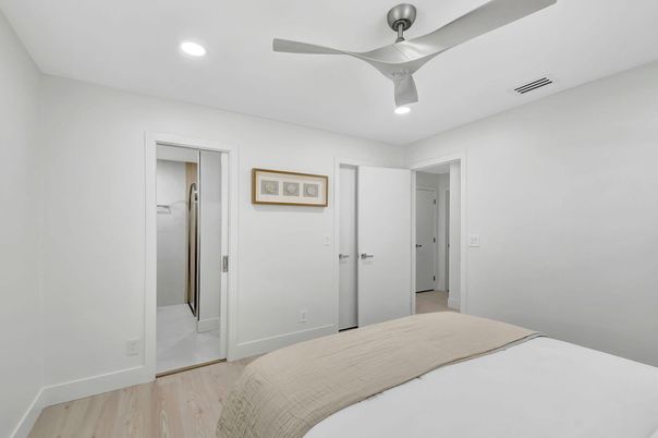 Bedroom, Interior, Recessed Lighting, Wood Texture Flooring