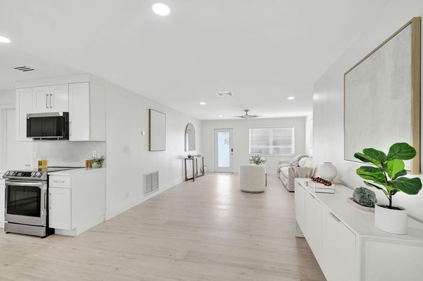Interior, Kitchen, Living room, Recessed Lighting, Stainless Steel Appliances, Wood Texture Flooring
