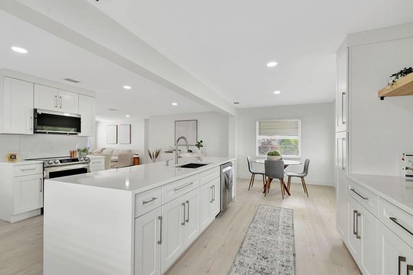 Dining room, Interior, Kitchen, Recessed Lighting, Stainless Steel Appliances, Wood Texture Flooring