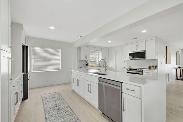 Interior, Kitchen, Recessed Lighting, Stainless Steel Appliances, Wood Texture Flooring