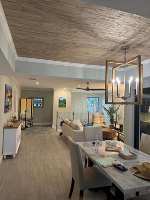 Dining room, Interior, Living room, Pendant Lights, Recessed Lighting, Wood Texture Flooring