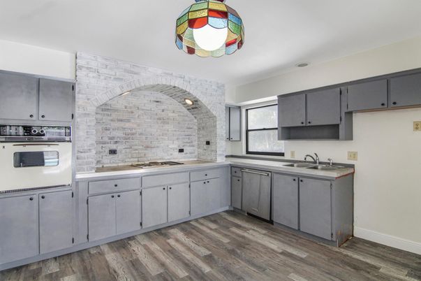 Interior, Kitchen, Stone Walls, Wood Texture Flooring