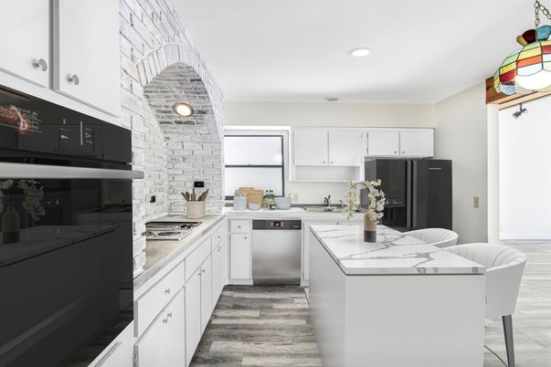 Interior, Kitchen, Recessed Lighting, Stone Walls, Wood Texture Flooring