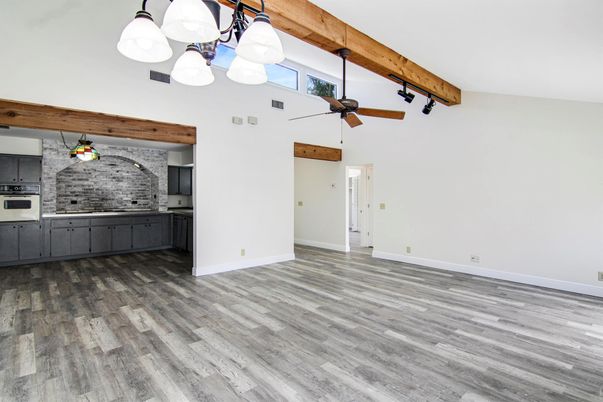 Empty room, Interior, Kitchen, Pendant Lights, Wooden Beams, Wood Texture Flooring