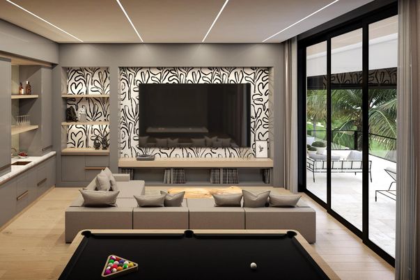 Billiard Table, Game Room, Interior, Recessed Lighting, Wood Texture Flooring
