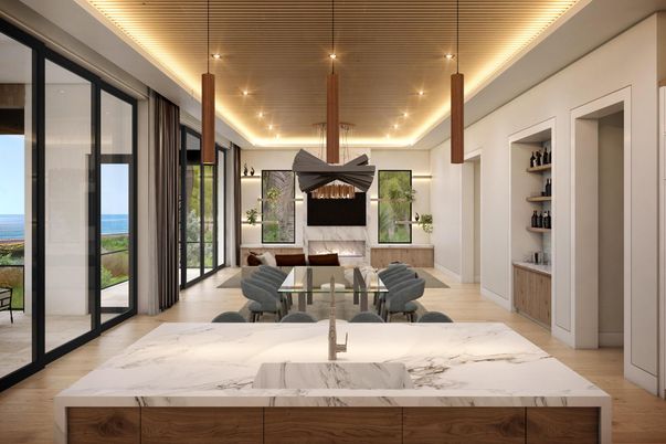 Interior, Living room, Pendant Lights, Recessed Lighting, Water, Wooden Ceilings, Wood Texture Flooring
