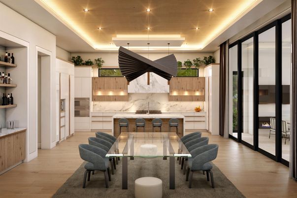 Dining room, Interior, Kitchen, Marble Walls, Recessed Lighting, Wood Texture Flooring