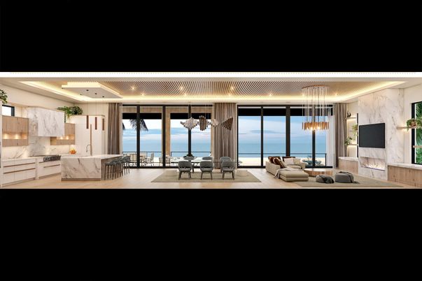 Fireplace, Interior, Living room, Marble Walls, Pendant Lights, Water, Wood Texture Flooring