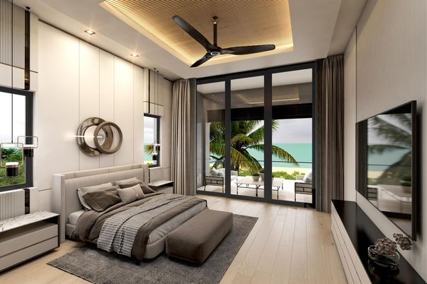 Bedroom, Interior, Recessed Lighting, Water, Wood Texture Flooring