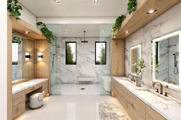 Bathroom, Dual Sink Vanities, Glass Shower, Interior, Marble Walls, Recessed Lighting