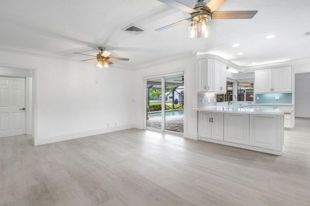 Empty room, Interior, Kitchen, Recessed Lighting, Wood Texture Flooring