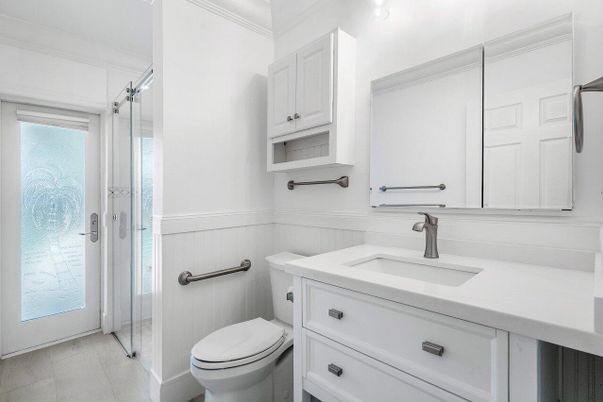Bathroom, Glass Shower, Interior, Wood Texture Flooring