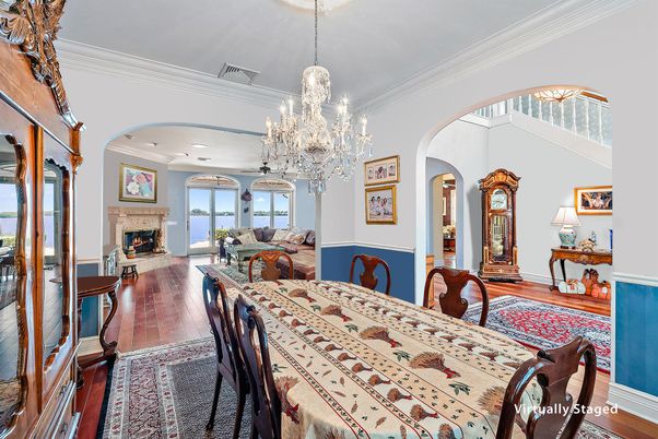 Chandelier, Dining room, Fireplace, Interior, Living room, Recessed Lighting, Wood Texture Flooring