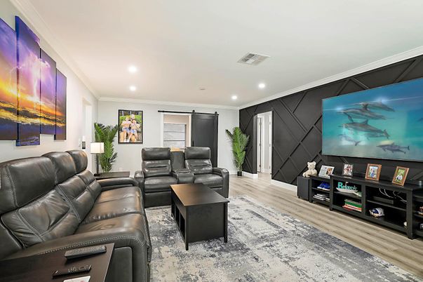Home Theatre Room, Interior, Living room, Recessed Lighting, Theatre Room, Wood Texture Flooring