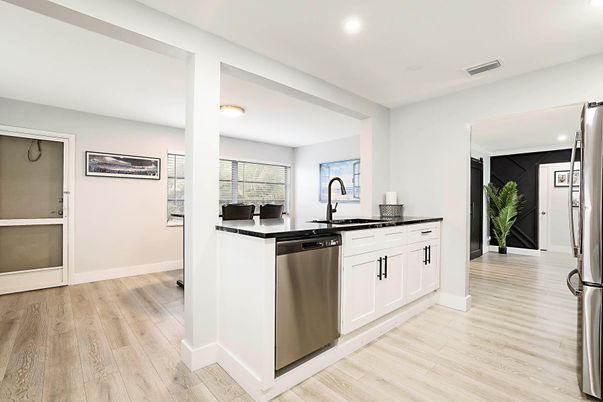 Interior, Kitchen, Recessed Lighting, Stainless Steel Appliances, Wood Texture Flooring