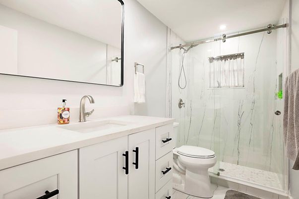 Bathroom, Glass Shower, Interior, Marble Walls, Recessed Lighting