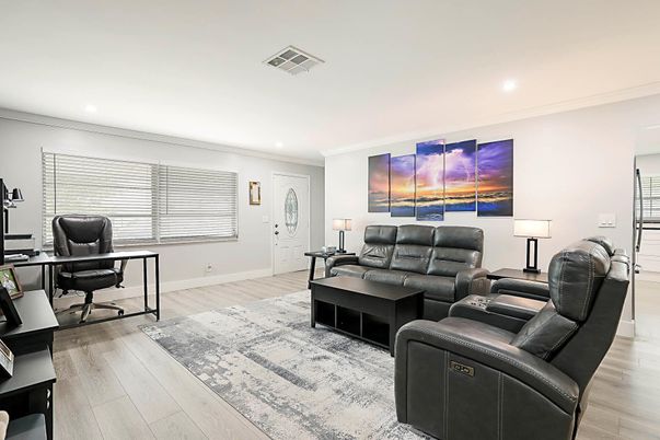 Home Office, Interior, Living room, Recessed Lighting, Wood Texture Flooring
