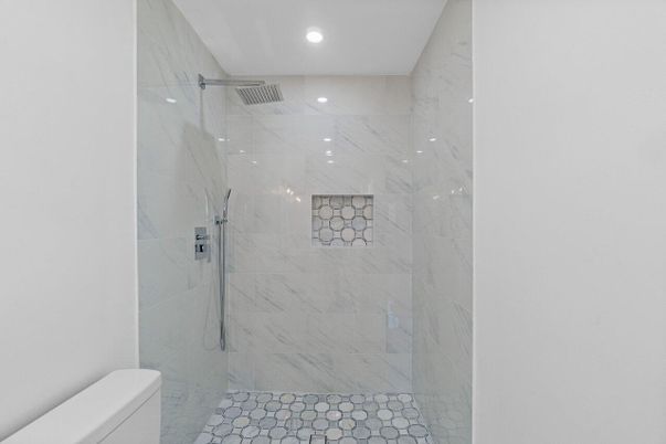 Bathroom, Glass Shower, Interior, Marble Walls, Recessed Lighting