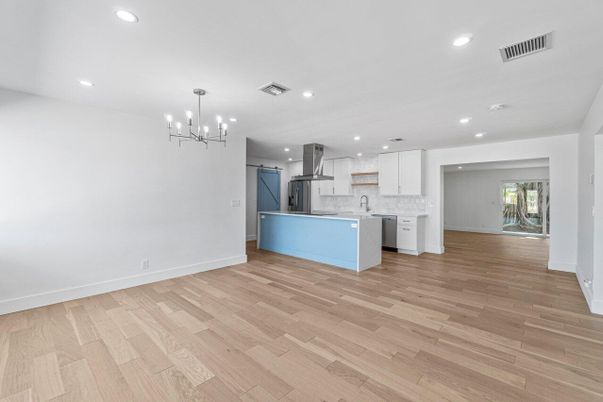 Chandelier, Interior, Kitchen, Pendant Lights, Recessed Lighting, Wood Texture Flooring