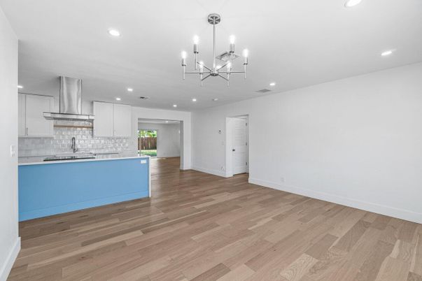 Chandelier, Empty room, Interior, Kitchen, Pendant Lights, Recessed Lighting, Wood Texture Flooring