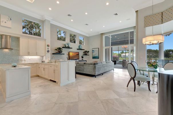 Dining room, Interior, Kitchen, Living room, Marble, Pendant Lights, Recessed Lighting