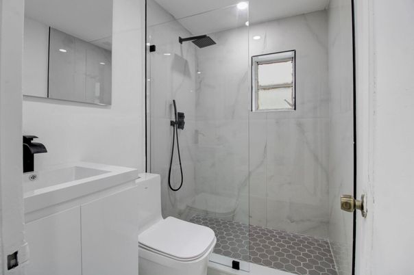 Bathroom, Glass Shower, Interior, Marble Walls, Recessed Lighting