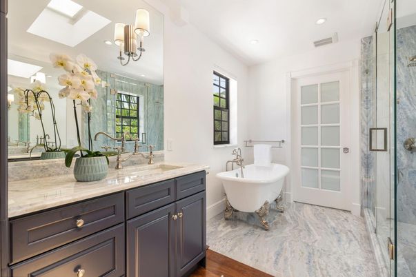 Bathroom, Dual Sink Vanities, Free Standing Baths, Glass Shower, Interior, Marble, Recessed Lighting