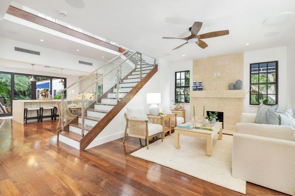 Fireplace, Interior, Living room, Recessed Lighting, Stone Walls, Wood Texture Flooring