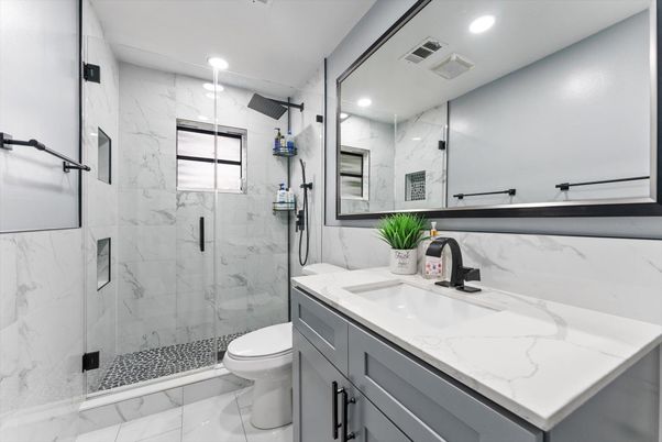 Bathroom, Glass Shower, Interior, Marble, Marble Walls, Recessed Lighting