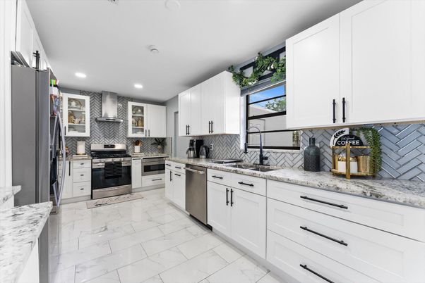 Interior, Kitchen, Marble, Recessed Lighting, Stainless Steel Appliances