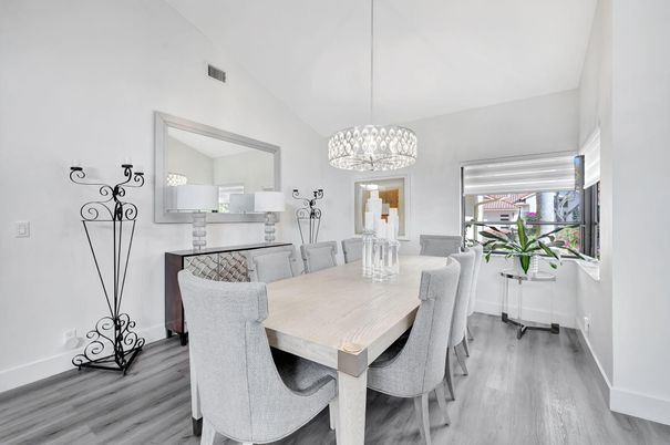 Dining room, Interior, Pendant Lights, Wood Texture Flooring