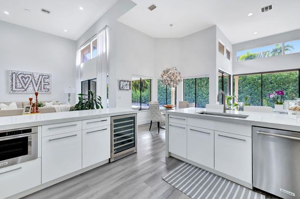 Dining room, Interior, Kitchen, Recessed Lighting, Stainless Steel Appliances, Wood Texture Flooring