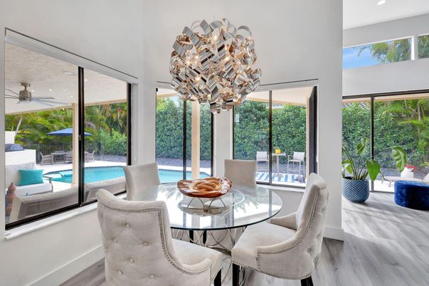 Chandelier, Dining room, Interior, Pendant Lights, Recessed Lighting, Wood Texture Flooring