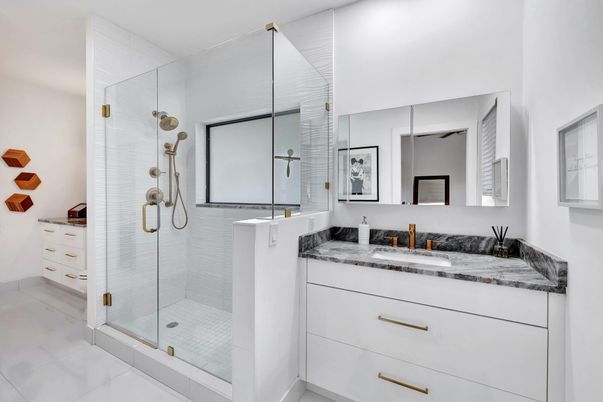 Bathroom, Dual Sink Vanities, Glass Shower, Interior, Marble