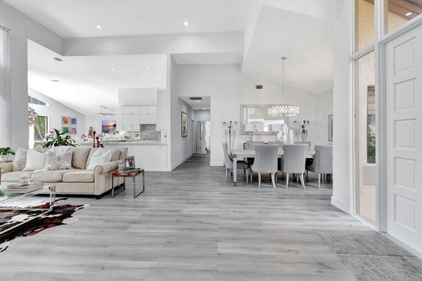 Chandelier, Dining room, Interior, Kitchen, Living room, Pendant Lights, Recessed Lighting, Wood Texture Flooring